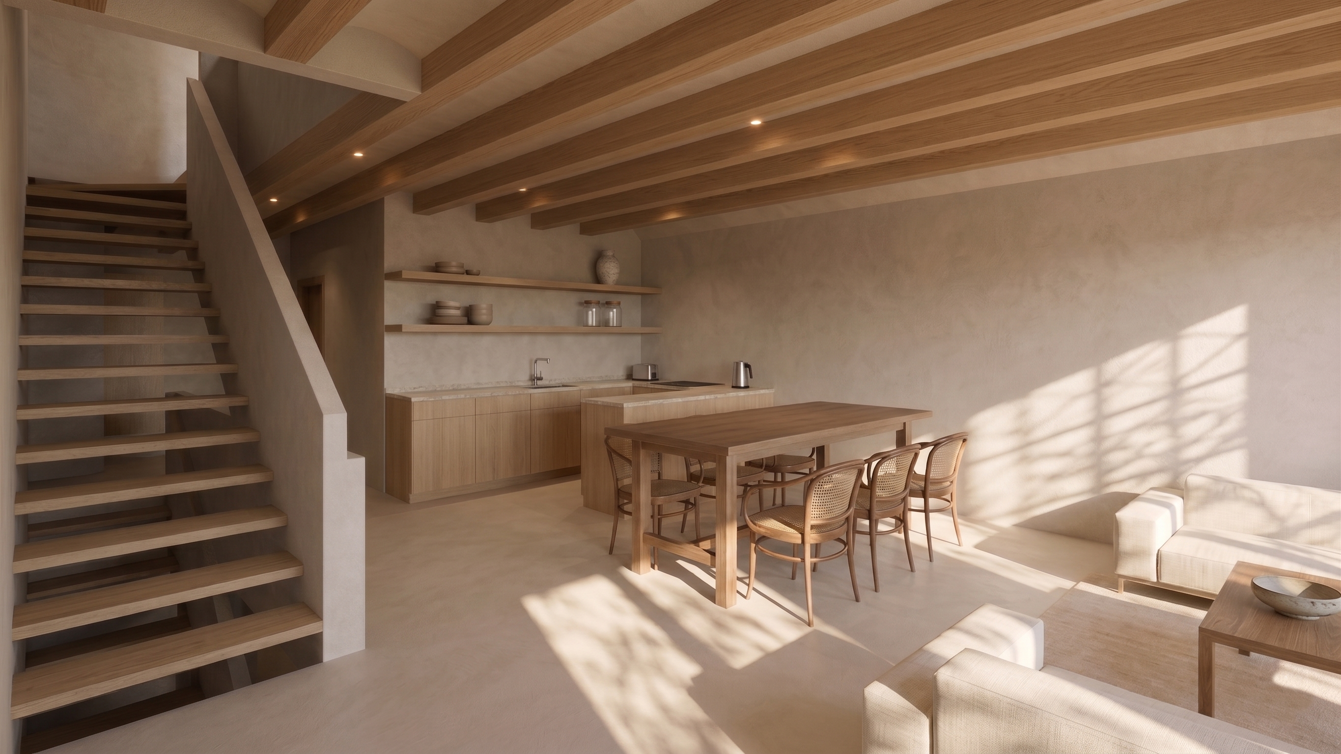 Cocina abierta con acabados contemporaneos en Casa Lloseta