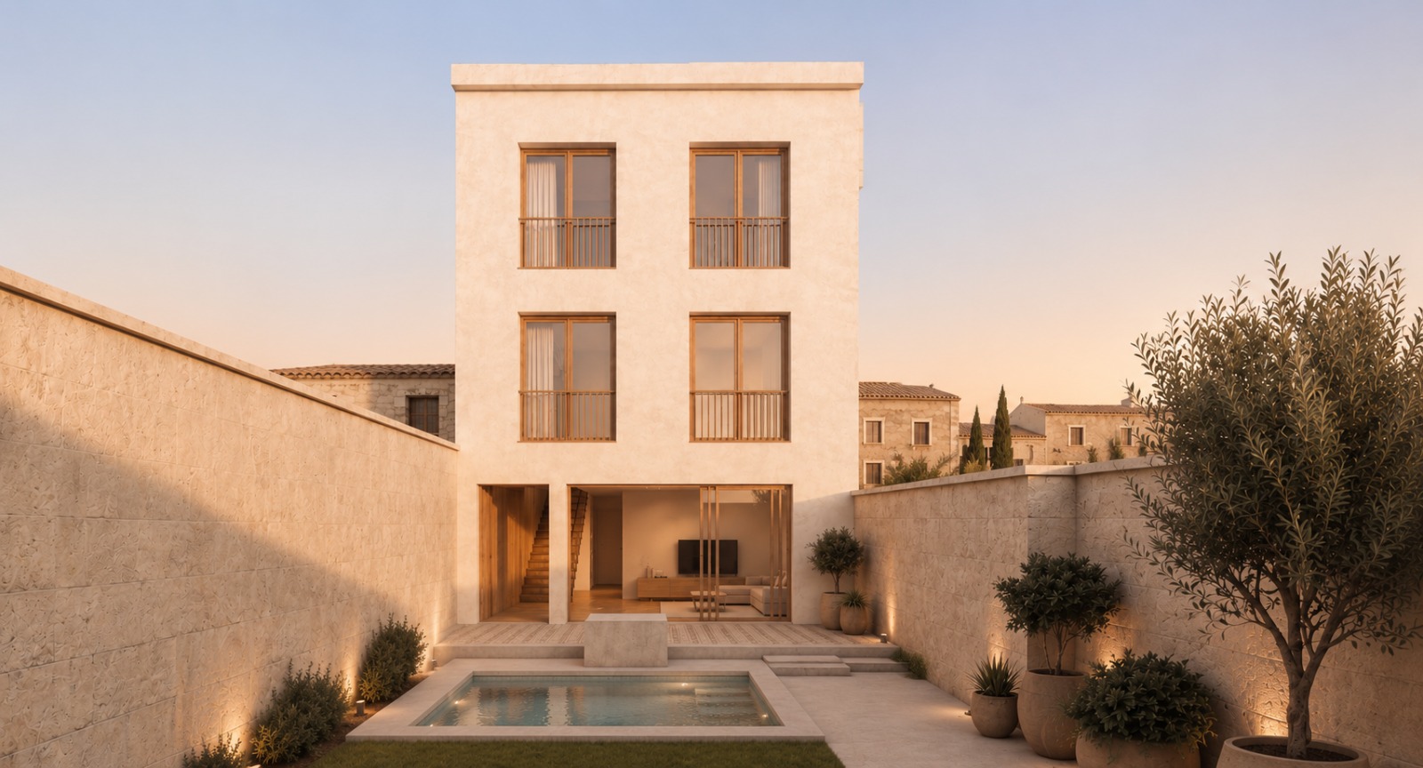 Fachada posterior de Casa Lloseta con materialidad mediterranea