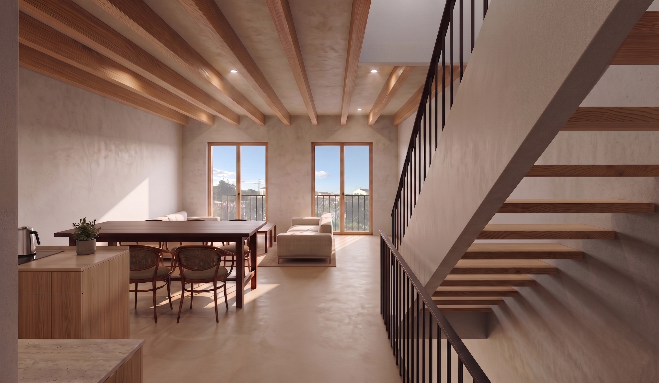Salon comedor con cocina abierta y materiales naturales